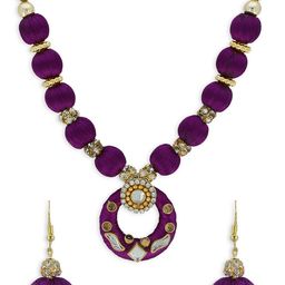 AKSHARA Gold-Plated Purple & Beige Beaded & Stone-Studded Handcrafted Jewellery Set-image-86