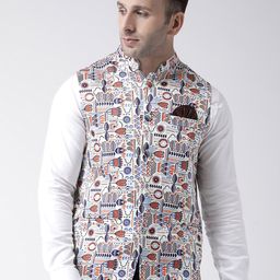 Hangup Men White & Blue Printed UV Protected Nehru Jacket-48