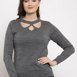 Kalt Women Grey Solid Acrylic Pullover Sweater-image-98