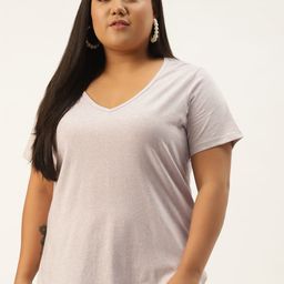 Rute Women Plus Size Off White Solid Cotton V-Neck T-shirt-93