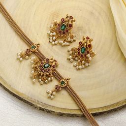 Priyaasi Gold-Plated & Green Ruby-Studded Jewellery Set-image-41