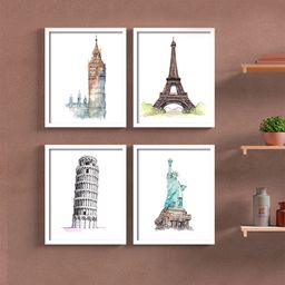 Art Street Set Of 4 White & Brown Printed Street Framed Canvas Wall Art-24