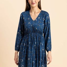 Moomaya Blue Floral Print Fit & Flare Dress-image-29