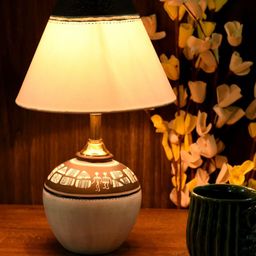 Unravel India White Hand-Painted Worli Teracotta Bedside Standard Lamp-42
