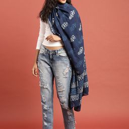 Taavi Women Blue Indigo Hand Block Print Pure Cotton Dupatta-6