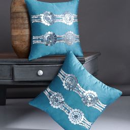Alina decor Teal Blue Set of 2 Embellished Square Cushion Covers-17