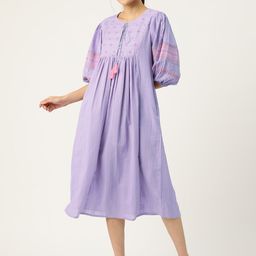 MISRI Floral Embroidered Tie-Up Neck Puff Sleeve A-Line Midi Dress-image-55