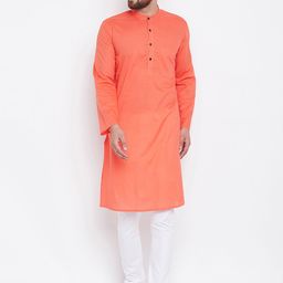 even Men Peach-Coloured Solid Straight Kurta-4