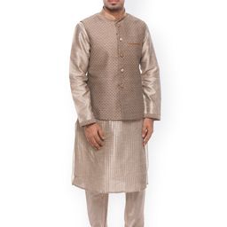 Manu Men Grey Self-Striped Kurta with Churidar & Jacket-picture-39