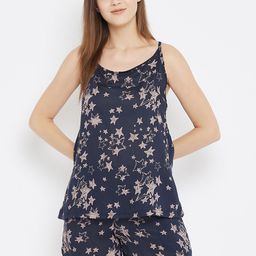 Clovia Women Navy Blue & Brown Printed Night suit-image-89