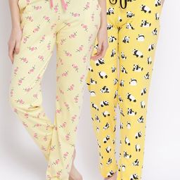 Kanvin Women Pack of 2 Yellow Printed Pure Cotton Lounge Pants-image-69