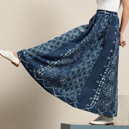 Taavi Navy Blue & Off-White Indigo Dyed Sustainable Pure Cotton Maxi Flared Skirt-picture-52