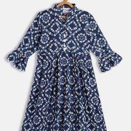 Eimoie Navy Blue Pure Cotton Ethnic Motifs A-Line Dress-picture-17