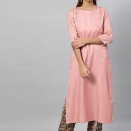 STREET 9 Women Peach-Coloured & Beige Embroidered Kurta with Trousers-6