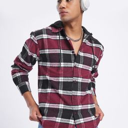 glitchez Functional Fashion Checked Flannel Hooded Shirt-image-59