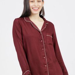 Tokyo Talkies Women Burgundy Solid Sleep Shirt-image-28