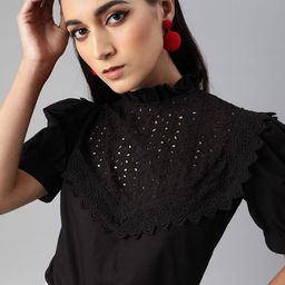 plusS Black Puff Sleeves Pure Cotton Schiffli Regular Top-image-30