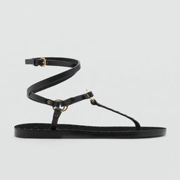 MANGO Women Embellished Leather T-Strap Flats-image-32