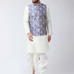 SOJANYA Men White & Blue Printed Kurta with Dhoti Pants-34
