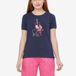 Lenissa Women Navy Blue & Pink Printed Cotton Night suit-image-4