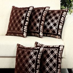BELLA TRUE Brown & Gold-Toned Set of 5 Checked Square Cushion Covers-0