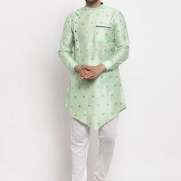 KLOTTHE Men Green & Gold-Coloured Woven Design A-Line Kurta-image-19