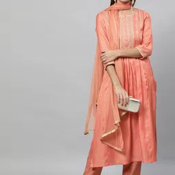 STREET 9 Women Orange & Gold-Toned Yoke Design Kurta with Trousers & Dupatta-picture-58