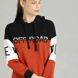 The Roadster Lifestyle Co Women Rust Orange & Black Colourblocked Hooded Pullover Sweatshirt-picture-21