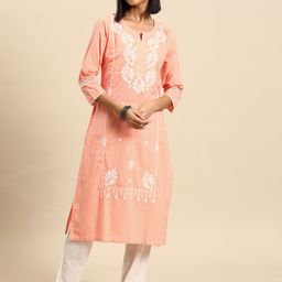 all about you Peach-Coloured Ethnic Motifs Embroidered Chikankari Indie Prints Kurta-image-94