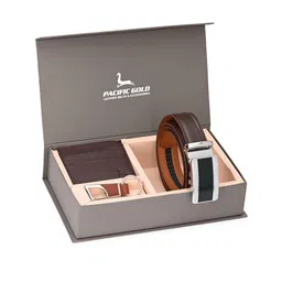 Pacific Gold Men Brown & Silver-Toned Genuine Leather Accessory Gift Set-14