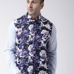 Hangup Men Black & Blue Printed UV Protected Nehru Jacket-55