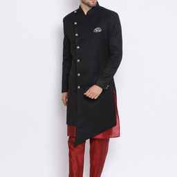 Hangup Men Black & Red Solid Sherwani Set-image-32