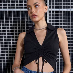 SASSAFRAS Black Lace-Up Shirt Style Crop Top-image-86