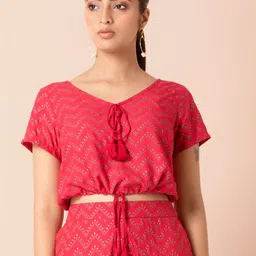 INDYA Pink & Gold-Toned Foil Printed Regular Crop Top-image-27