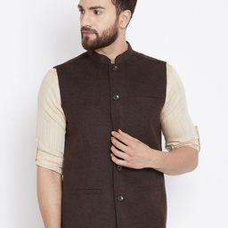 even Men Brown Solid Woven Nehru Jacket-49