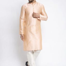 Jompers Men Peach-Coloured & Cream-Coloured Solid Kurta with Pyjamas-3