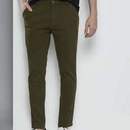 The Indian Garage Co Men Olive Green Striped Slim Fit Chinos Trousers-image-34