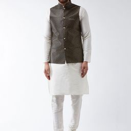 SOJANYA Men Off-White Solid Kurta Set & Nehru Jacket-picture-16