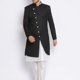 Hangup Men Black & White Solid Sherwani Set-image-15