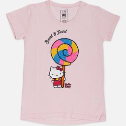 Kids Ville Girls Pink & Yellow Hello Kitty Print & Sequined Round Neck Cotton T-shirt-picture-4