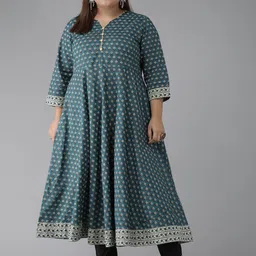 YASH GALLERY Plus Size Women Teal Blue & White Ethnic Motifs Printed Kurta-picture-18