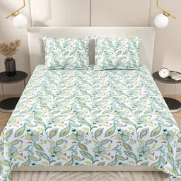 Myntra Elegant Homes White & Blue Floral 220 TC King Bedsheet with 2 Pillow Covers-9