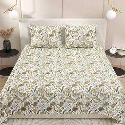 Myntra Elegant Homes White & Grey Floral 220 TC King Bedsheet with 2 Pillow Covers-6