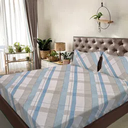 FABINALIV Blue & Off White Printed 300 TC Super King Bedsheet Set 2.7 m x 2.7 m-image-99