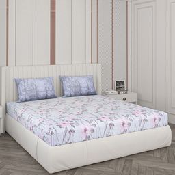 Monte Carlo White & Purple Floral 104 TC Cotton King Bedsheet with 2 Pillow Covers-57