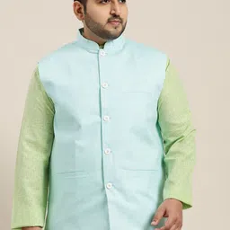 SOJANYA PLUS Size Men Turquoise Blue Solid Cotton Linen Nehru Jacket With Slub Effect-30