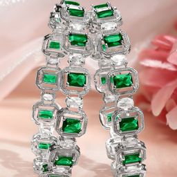 Rubans Set of 2 Rhodium-Plated Emerald Green & White CZ Studded Floral Bangles-image-31
