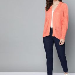 Mast & Harbour Women Peach-Coloured Solid Front-Open Cardigan-9