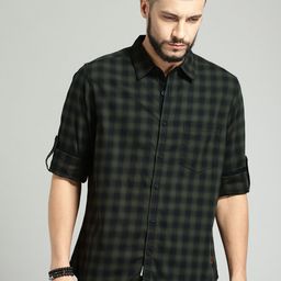 Roadster Men Olive Green & Black Regular Fit Shadow Check Sustainable Casual Shirt-image-54