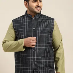 SOJANYA PLUS Size Men Navy Blue & Off-White Checked Nehru Jacket-28